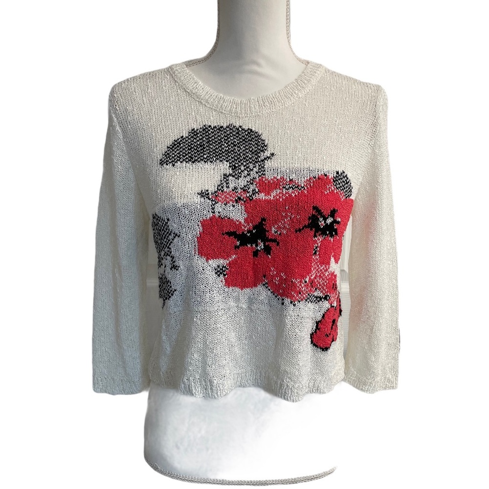 Aldomartins Cropped Floral White Red Black Knit SweaterTop Made In USA